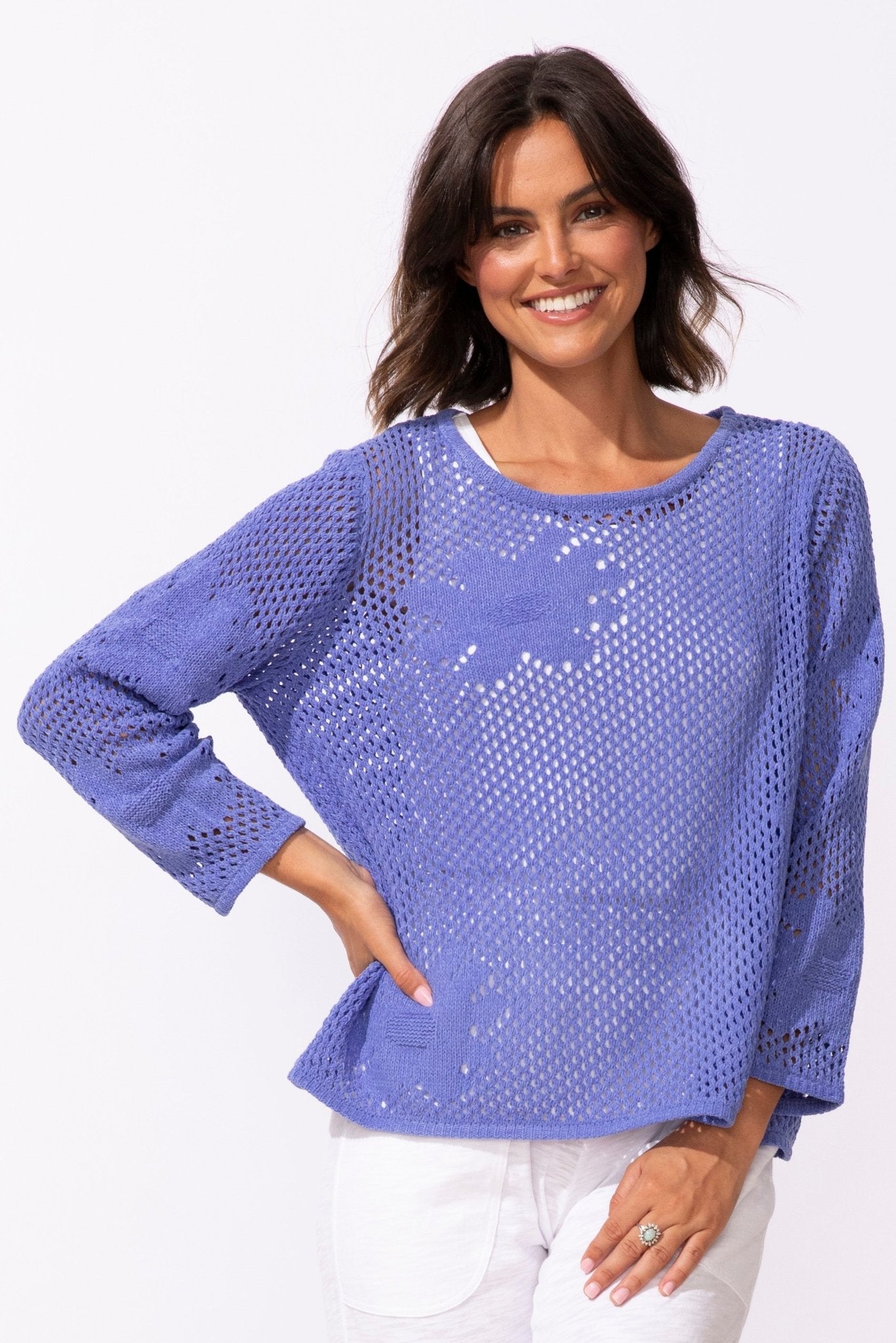 Escape by Habitat Floral Crochet Easy Pullover | Baja Blue