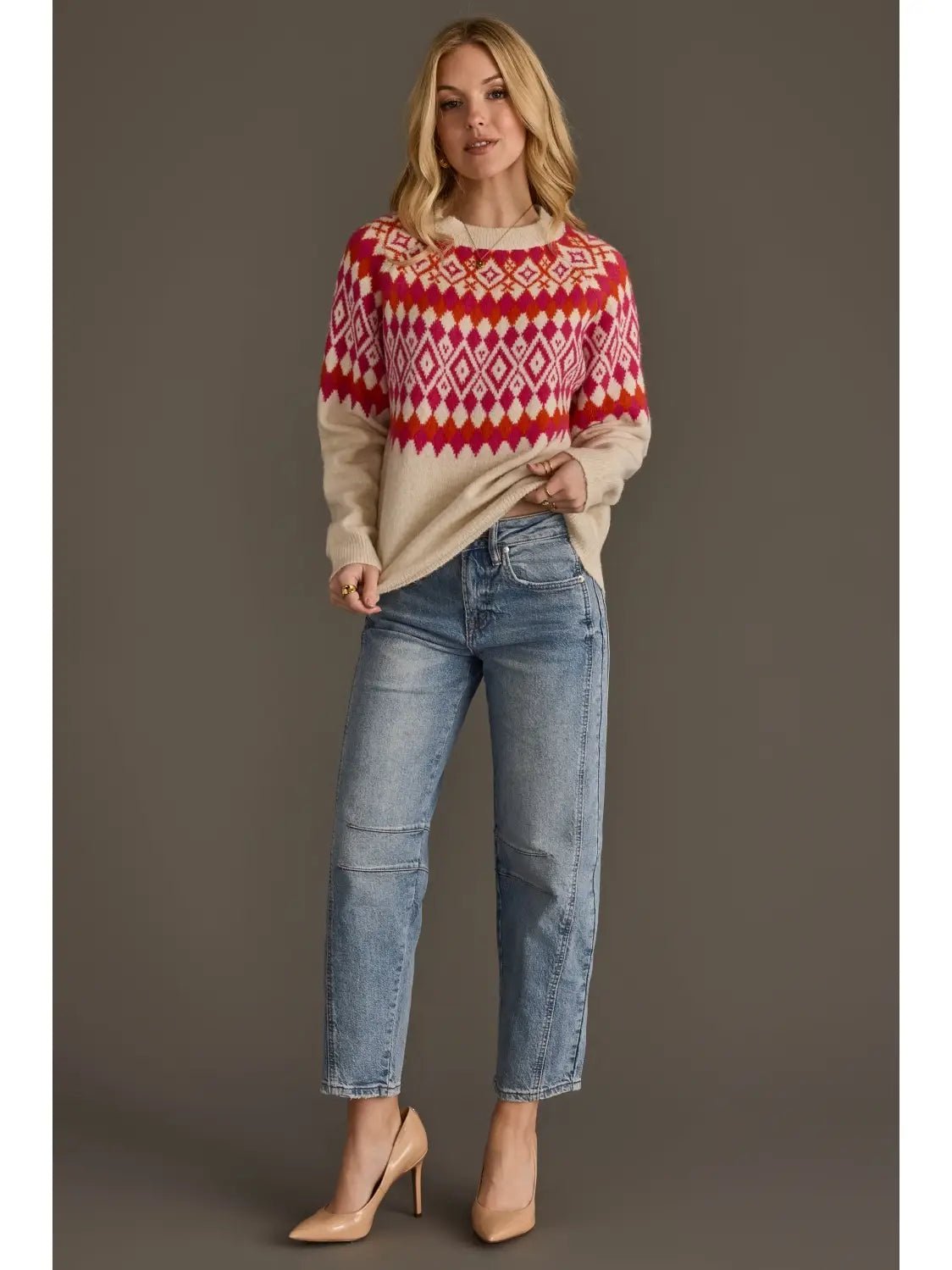 Fair Isle Crew Neck Sweater | Cream, Pink & Orange