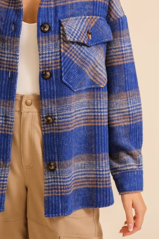 Fall Vibes Plaid Print Shacket in Blue & Taupe