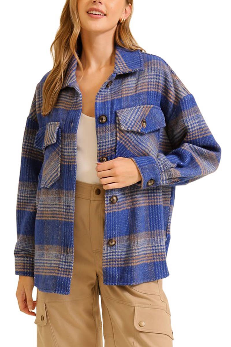 Fall Vibes Plaid Print Shacket in Blue & Taupe