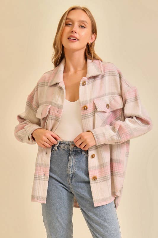 Fall Vibes Plaid Print Shacket – Taupe and Pink - Juli's Wearable Art