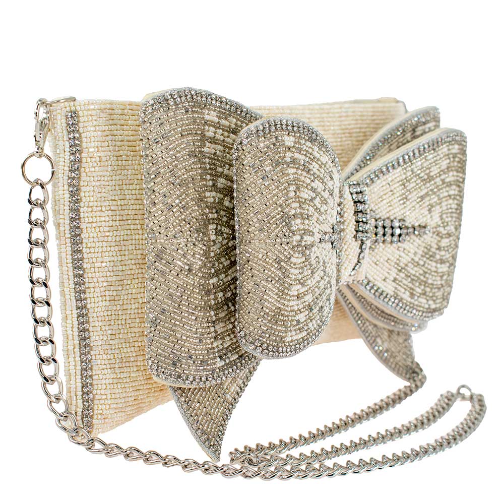 Fancy Bow Beaded Ivory Bow Crossbody Clutch - Juli's Wearable Art