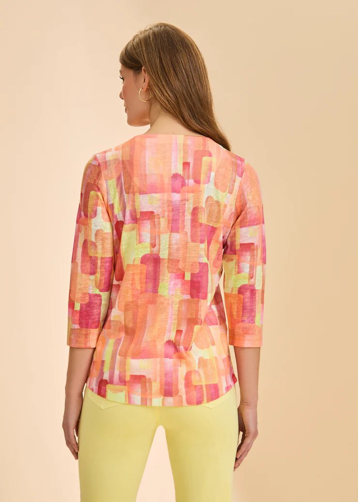 FDJ 3/4 Sleeve Notch Neck Top | Orange Rockefeller - Juli's Wearable Art