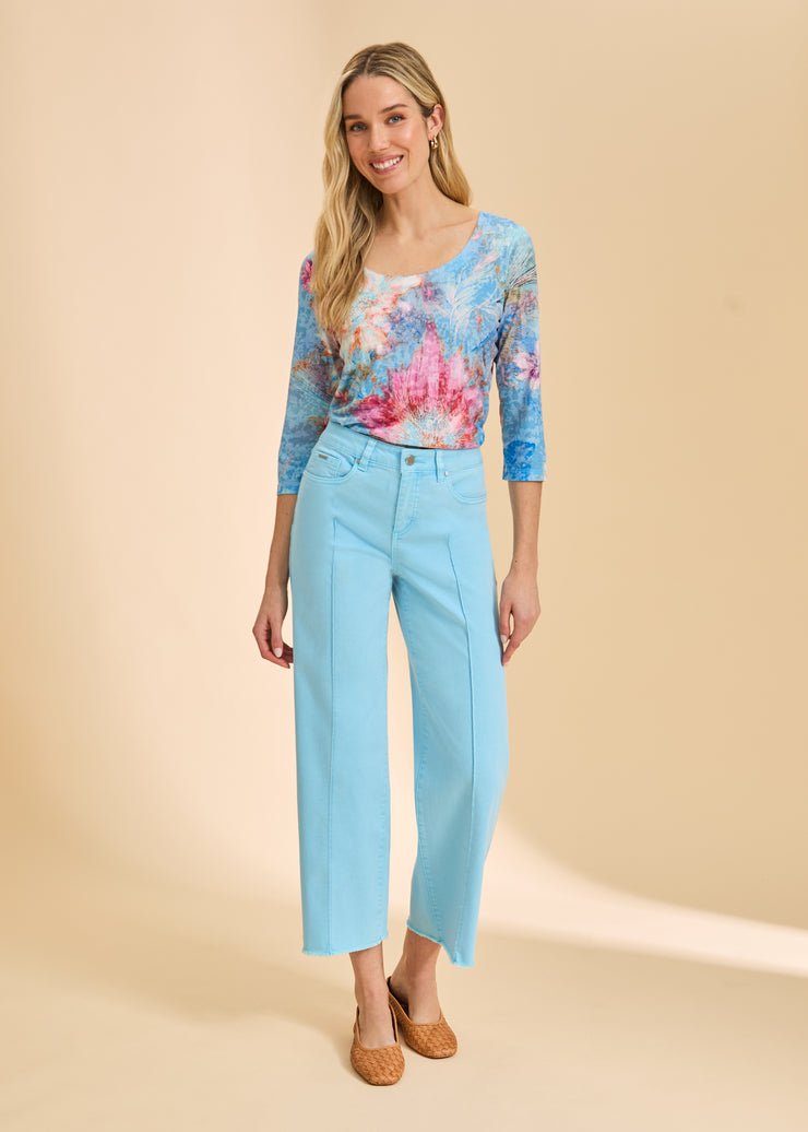 FDJ 3/4 Sleeve Scoop Neck Top | Blue Floral - Juli's Wearable Art