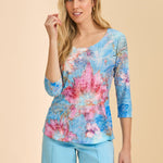 FDJ 3/4 Sleeve Scoop Neck Top | Blue Floral - Juli's Wearable Art
