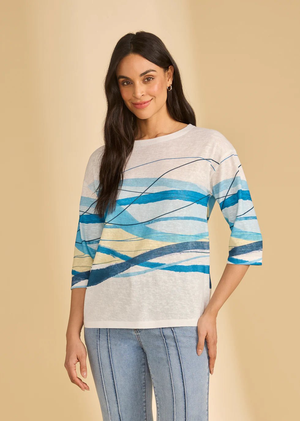 FDJ Drop Shoulder 3/4 Sleeve Top | Blue Abstract Wave
