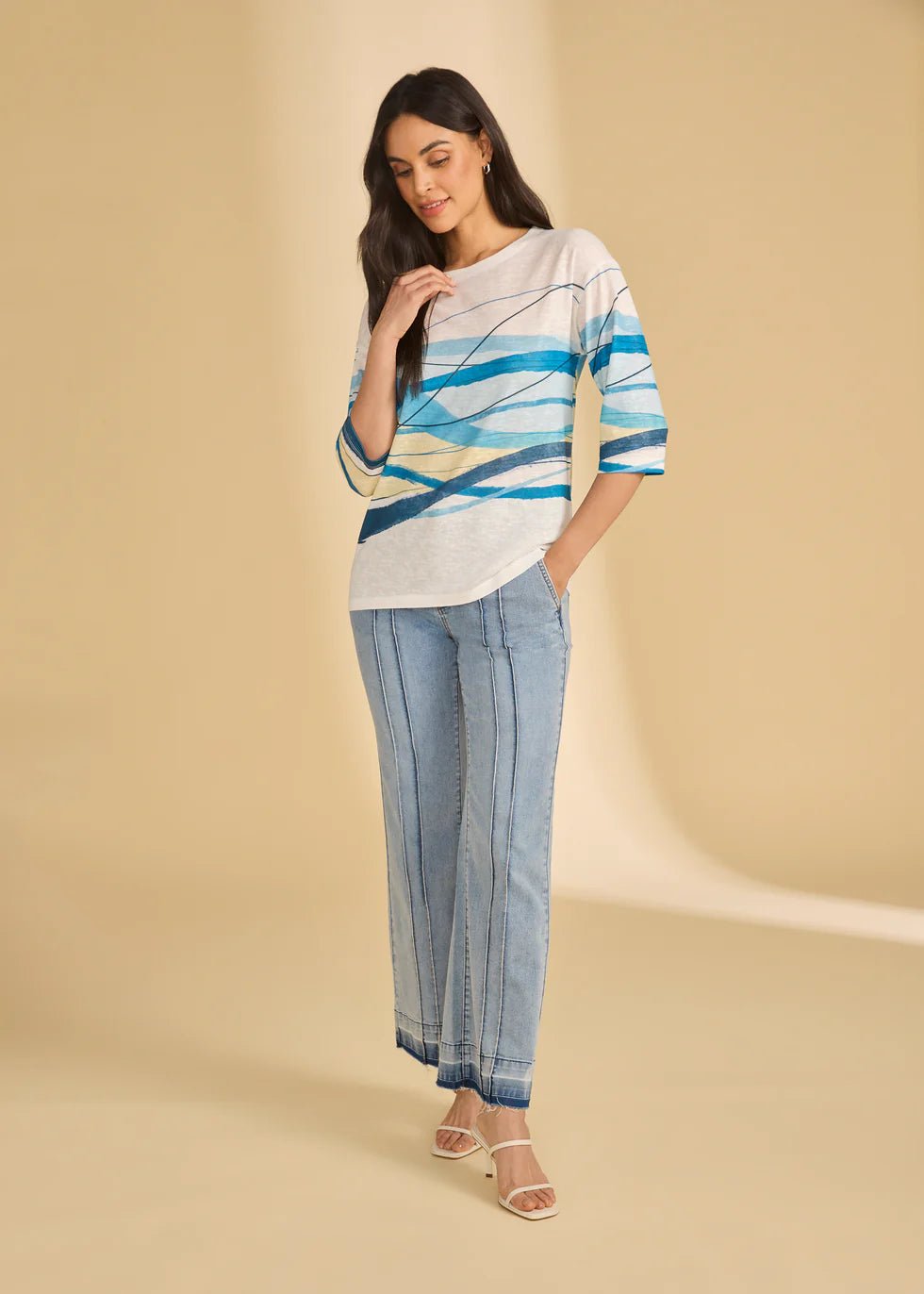 FDJ Drop Shoulder 3/4 Sleeve Top | Blue Abstract Wave