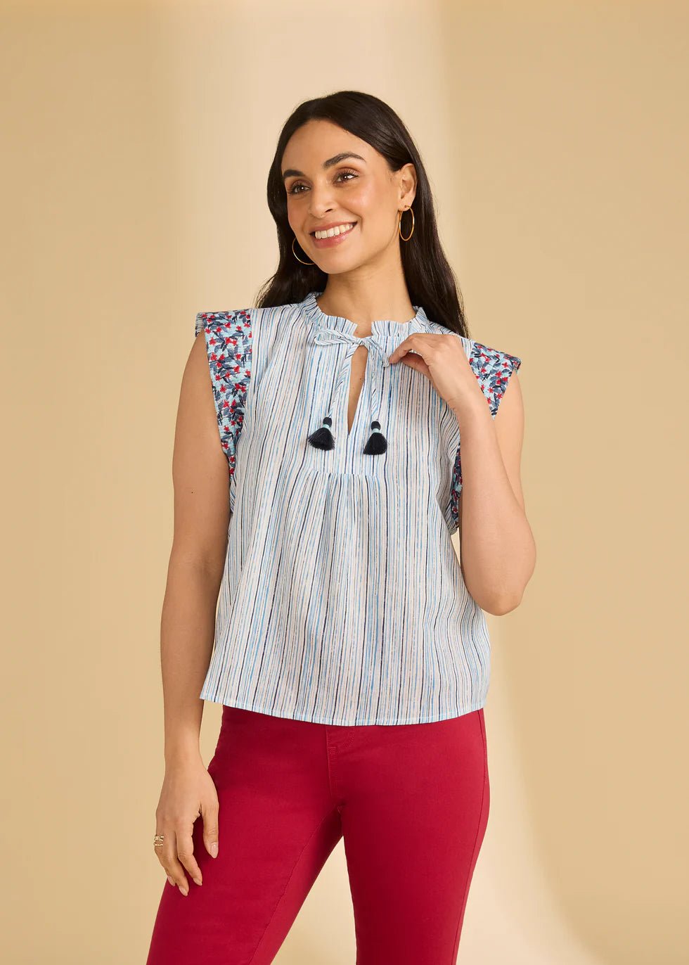 FDJ Embroidered Flutter Sleeve Top | Spritz Stripes