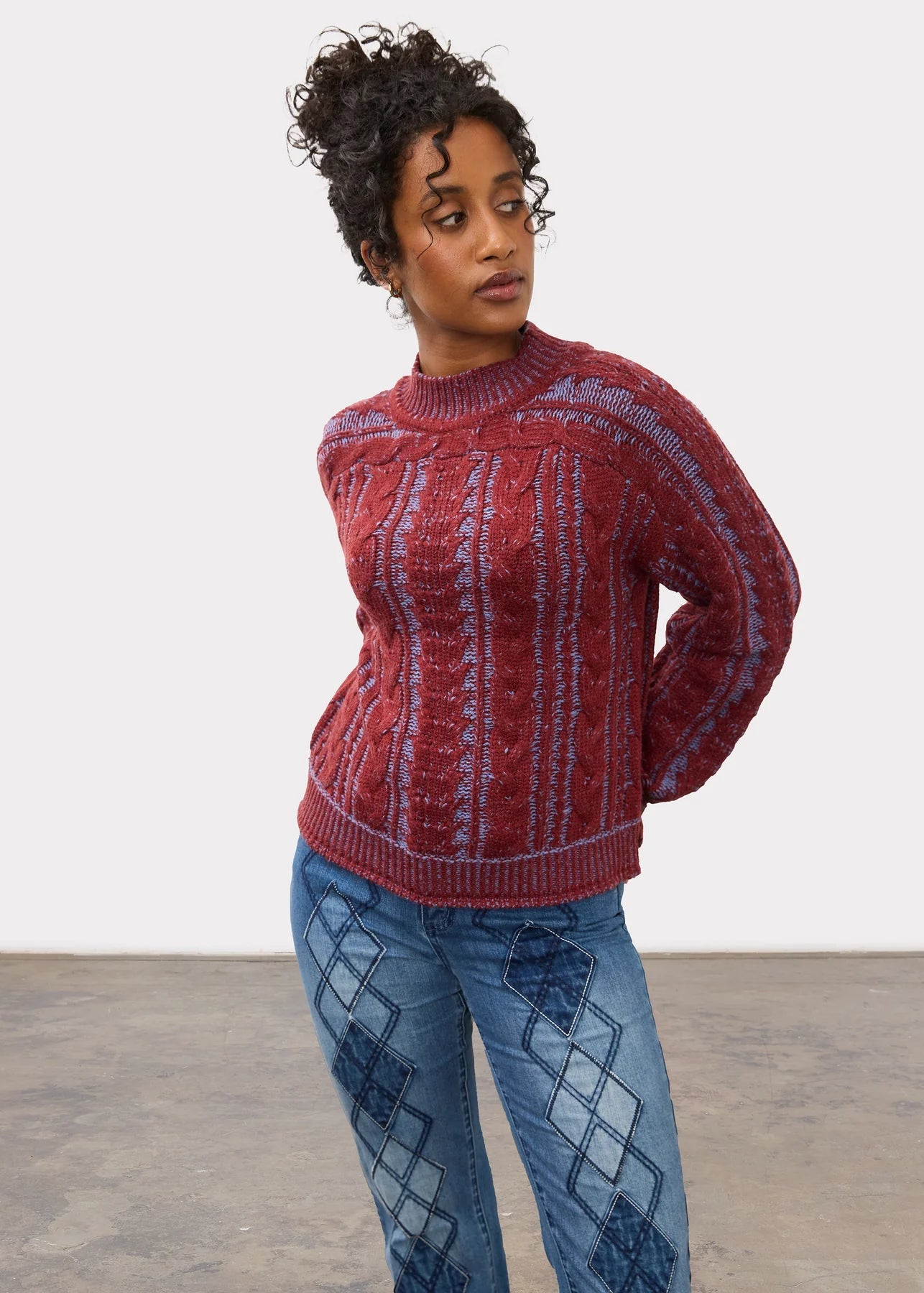 FDJ Long Sleeve Cable Sweater | Wine + Indigo - Juli's Wearable Art