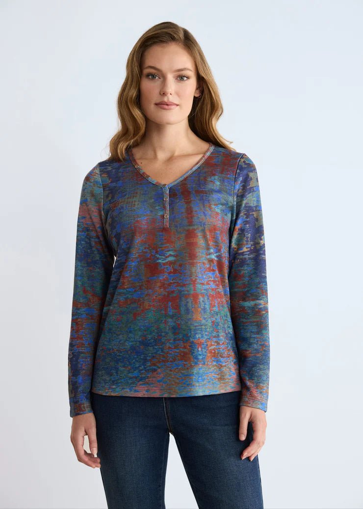 FDJ Long-Sleeve Notch Neck Top, Autumn Reflection