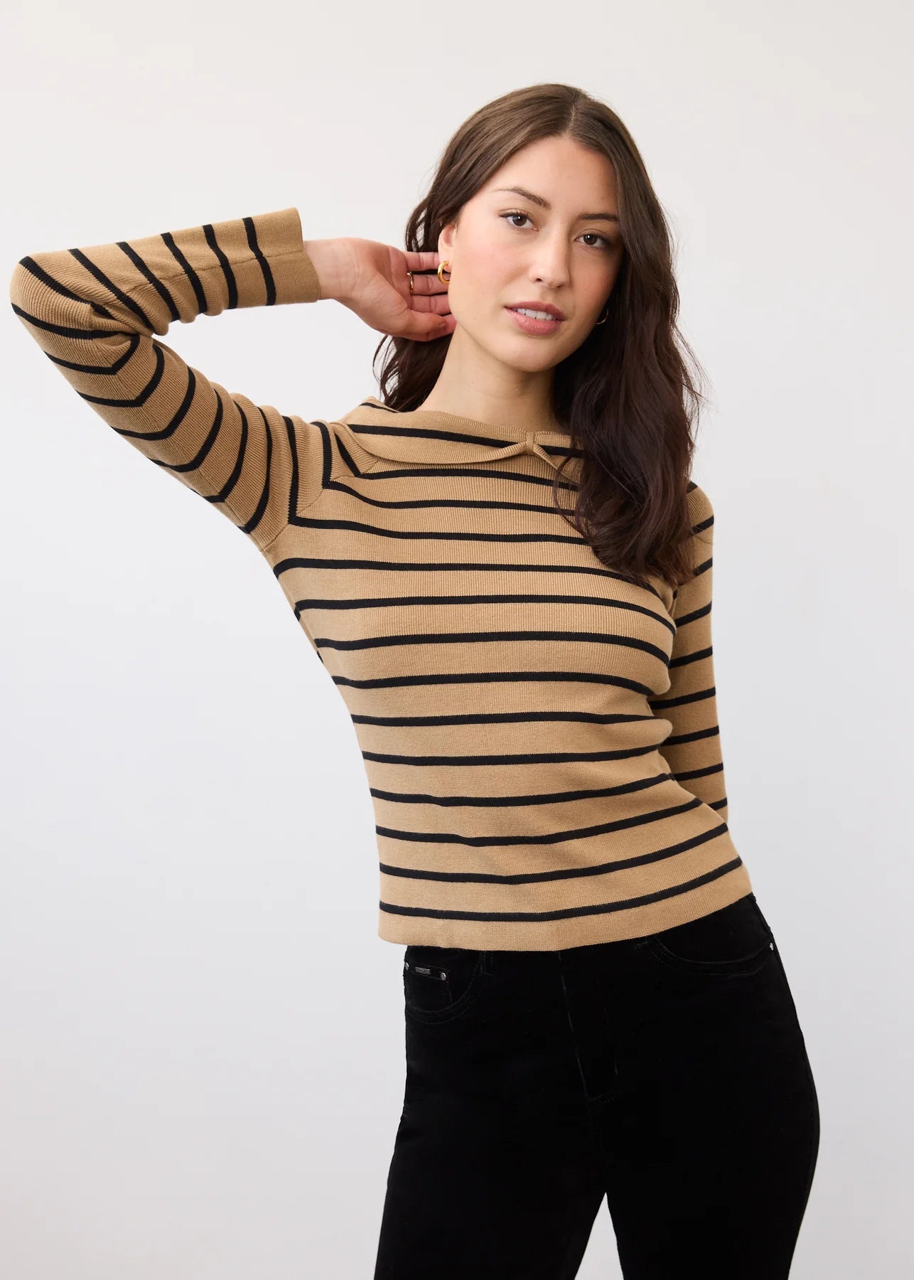 FDJ Long Sleeve Off-the-Shoulder Sweater | Caramel + Black Stripes - Juli's Wearable Art