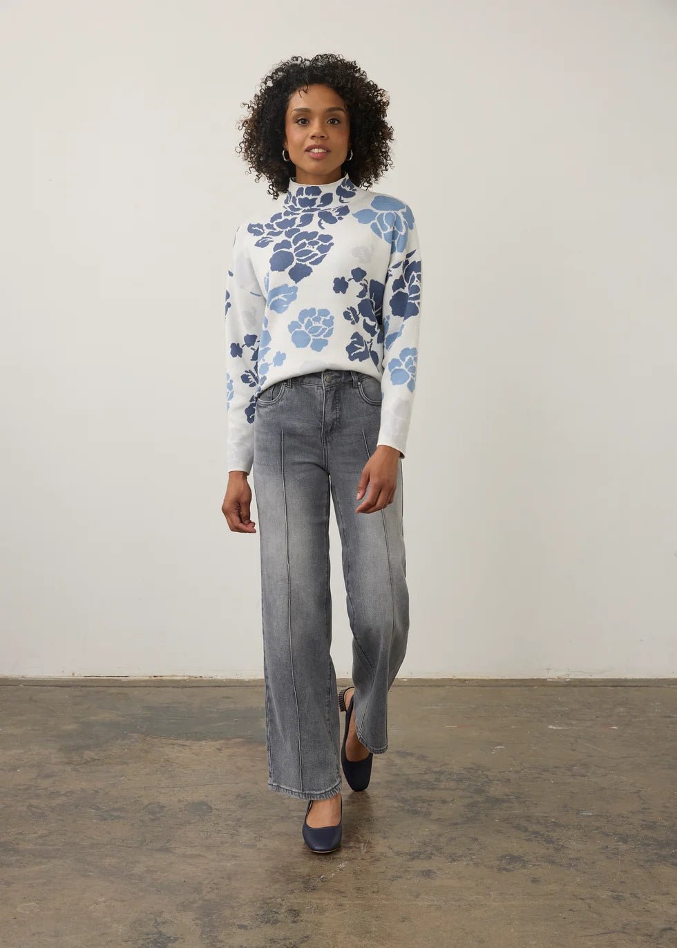 FDJ Mock Neck Loose Fit Sweater | Indigo Floral - Juli's Wearable Art