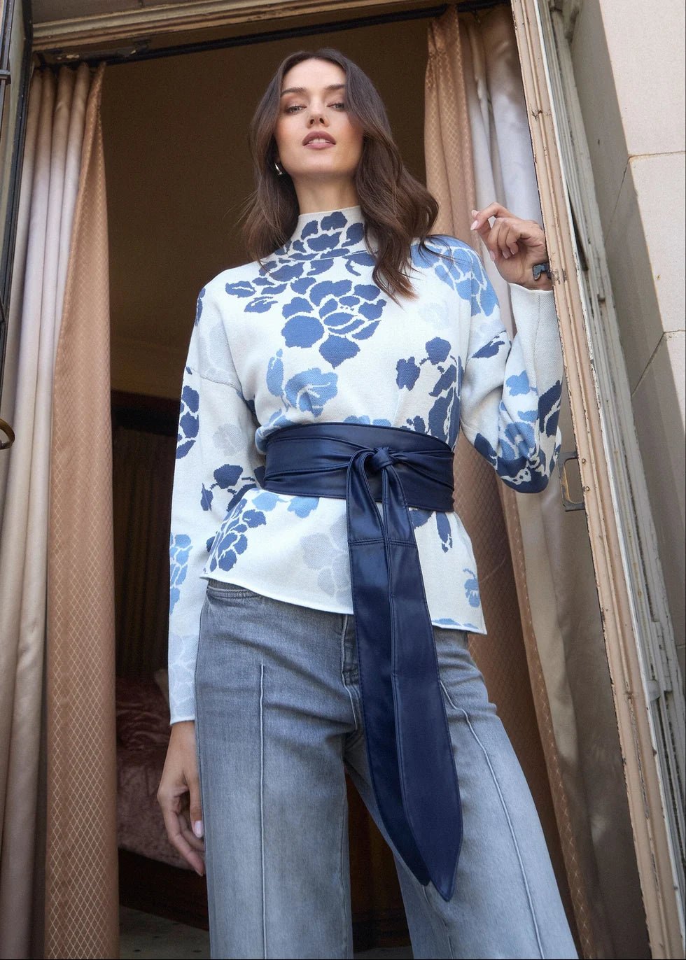 FDJ Mock Neck Loose Fit Sweater | Indigo Floral - Juli's Wearable Art