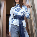 FDJ Mock Neck Loose Fit Sweater | Indigo Floral - Juli's Wearable Art