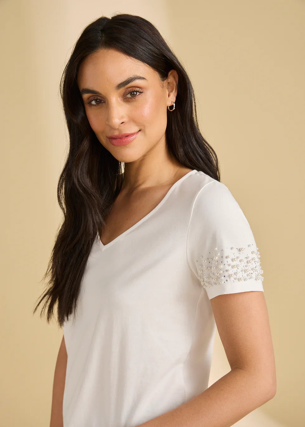 FDJ Pearl Embellished V-Neck Top | White