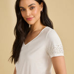 FDJ Pearl Embellished V - Neck Top | White - Juli's Wearable Art