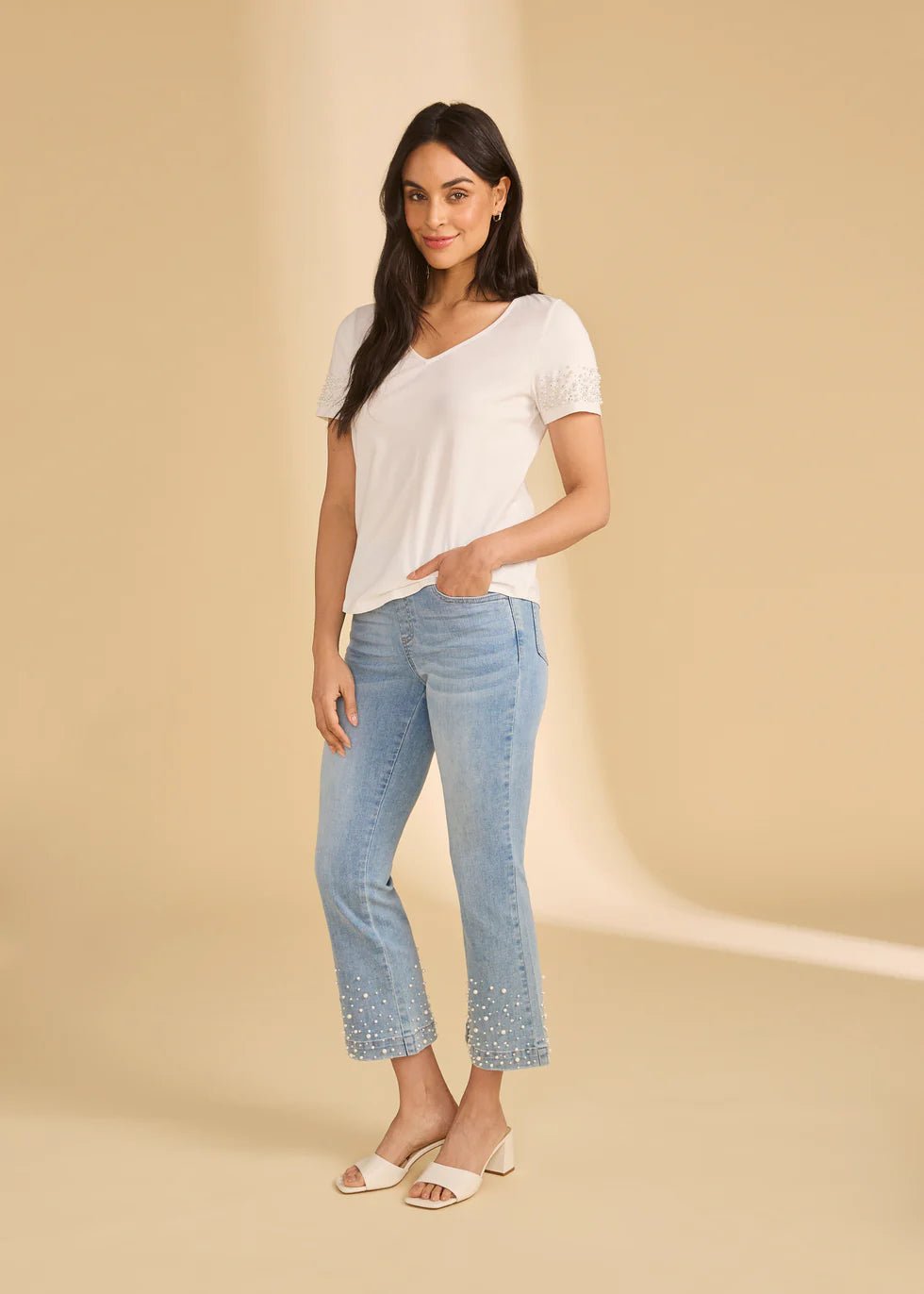 FDJ Pearl Embellished V - Neck Top | White - Juli's Wearable Art