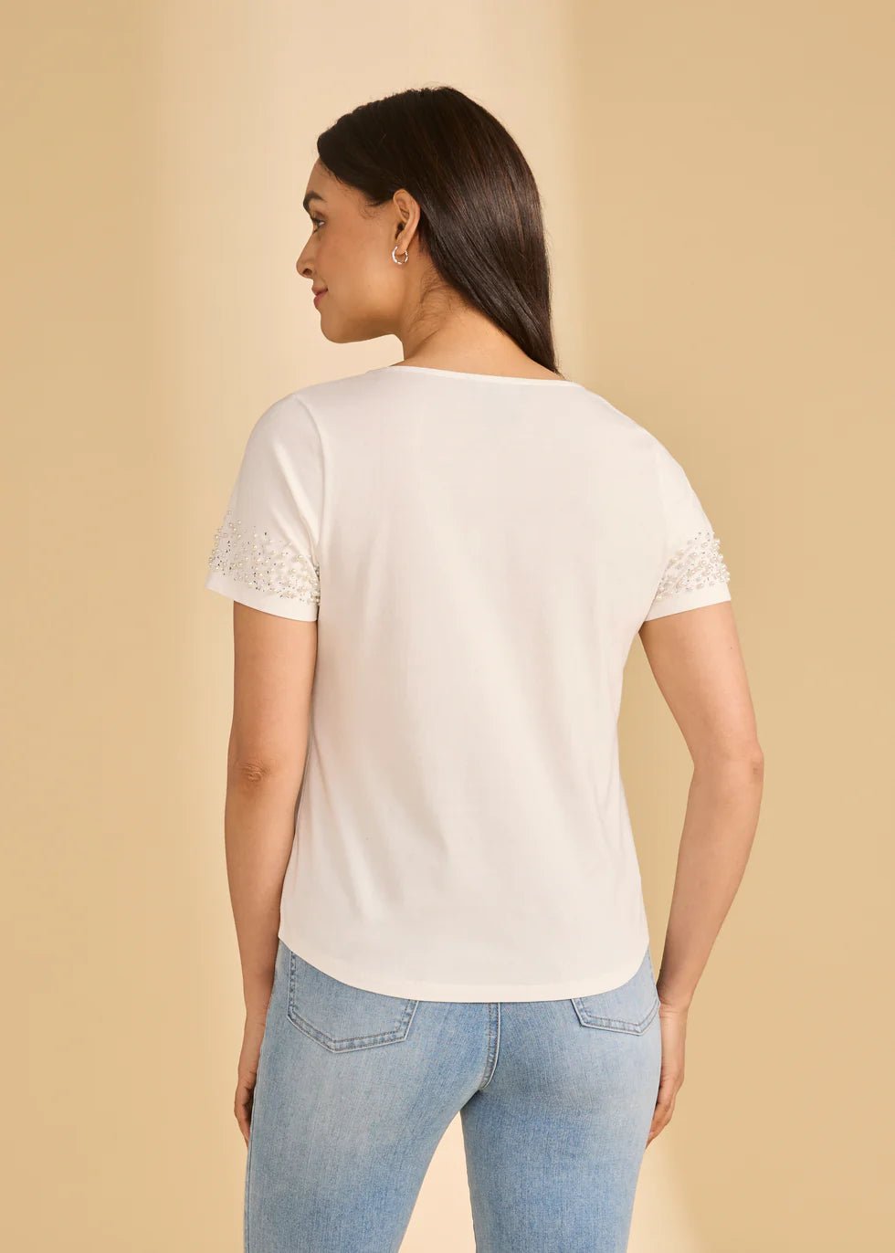 FDJ Pearl Embellished V - Neck Top | White - Juli's Wearable Art