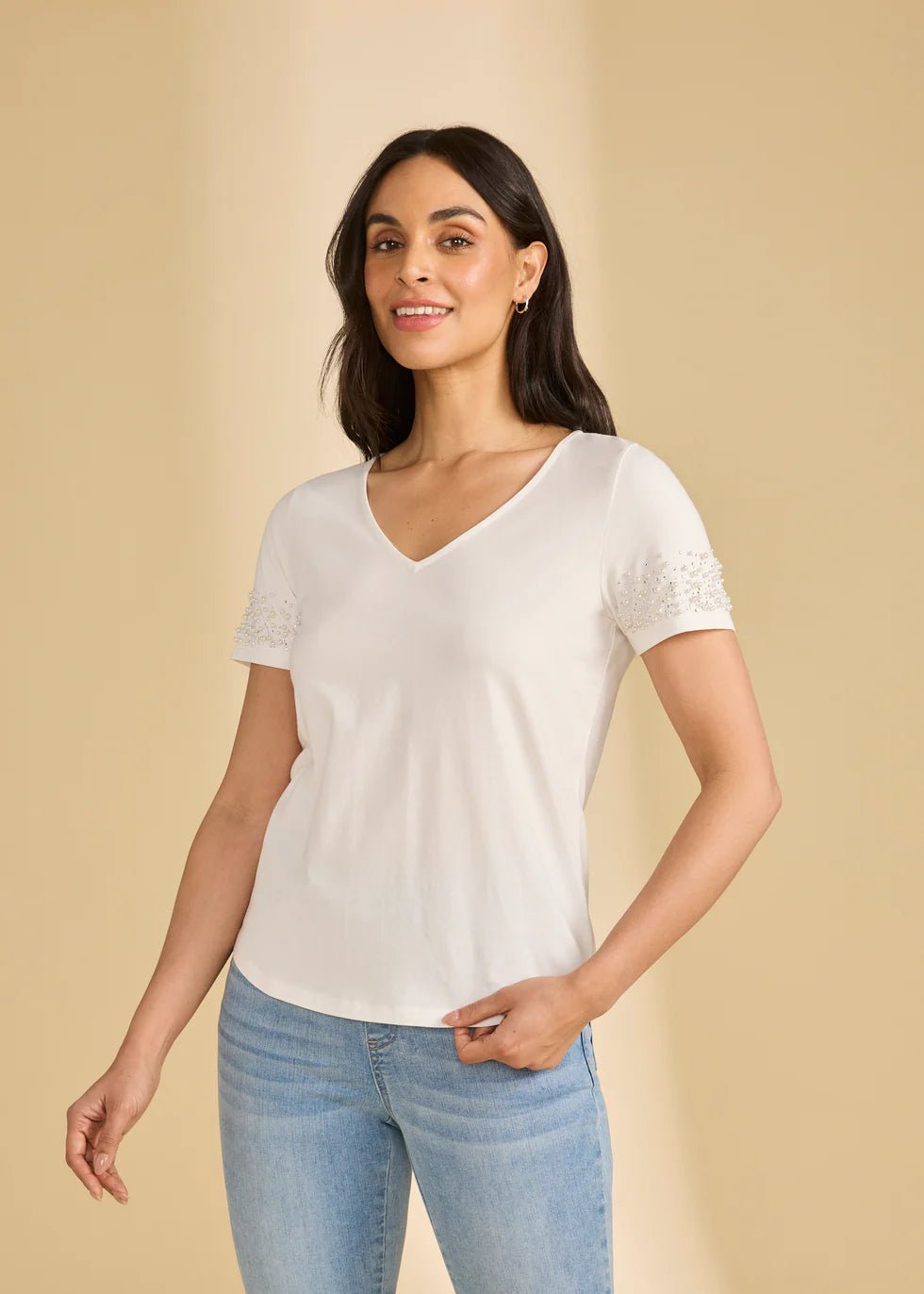 FDJ Pearl Embellished V-Neck Top | White