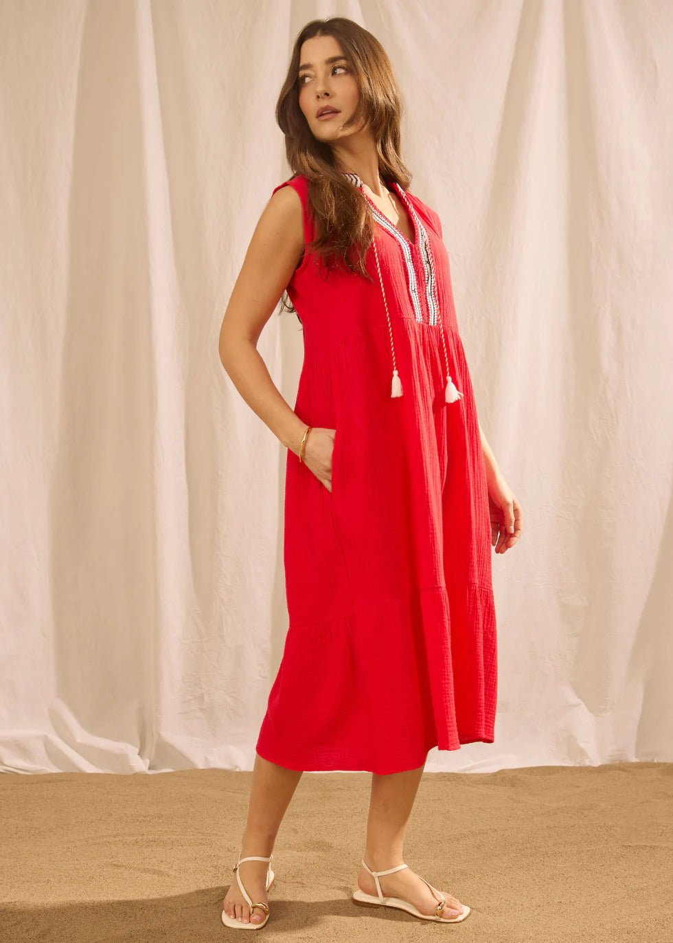 FDJ Sleeveless Tiered Midi Dress | Lava Red - Juli's Wearable Art