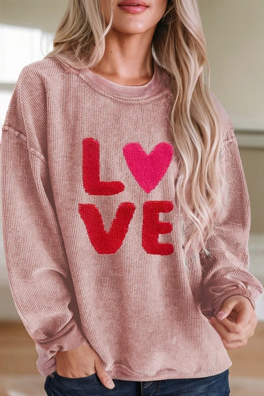 Pink Valentines Love Graphic Corded Baggy Sweatshirt