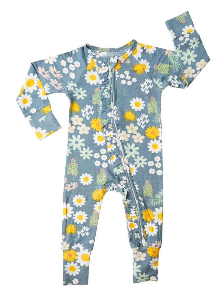 Blue Daisy Bamboo Baby Footie Pajamas