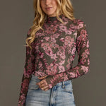 Floral Mesh Mock Neck Top | Olive & Pink - Juli's Wearable Art