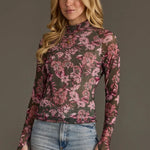 Floral Mesh Mock Neck Top | Olive & Pink - Juli's Wearable Art