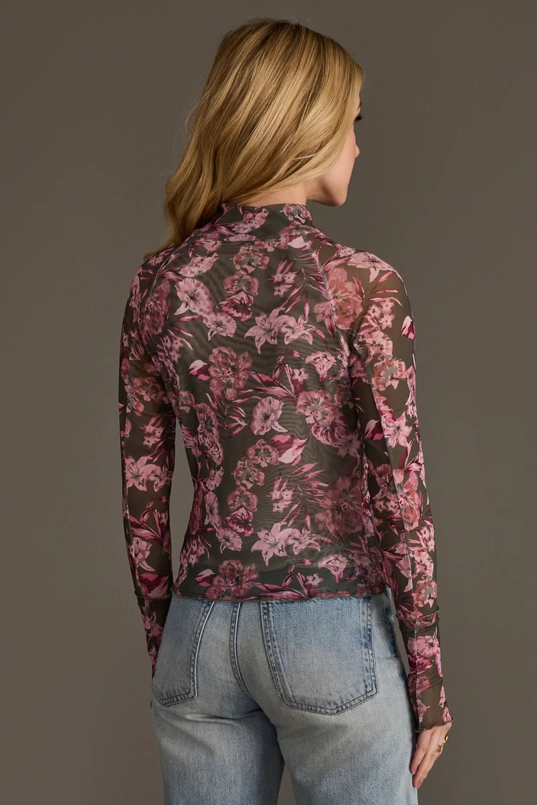 Floral Mesh Mock Neck Top | Olive & Pink - Juli's Wearable Art