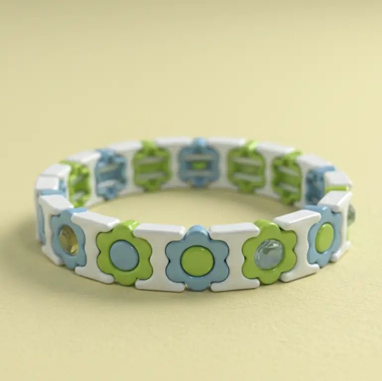 Florence Enamel Stretch Bracelet | Flowers | Blue + Green - Juli's Wearable Art