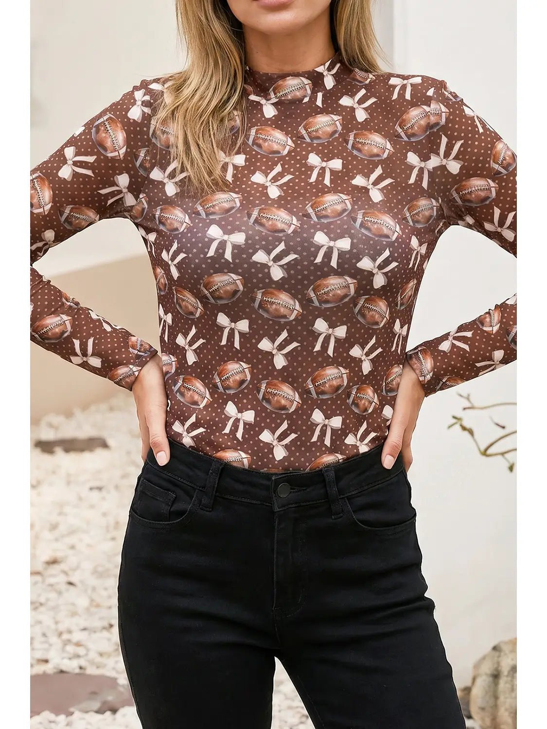 Football + Bow Game Day Mesh Mock Neck Top