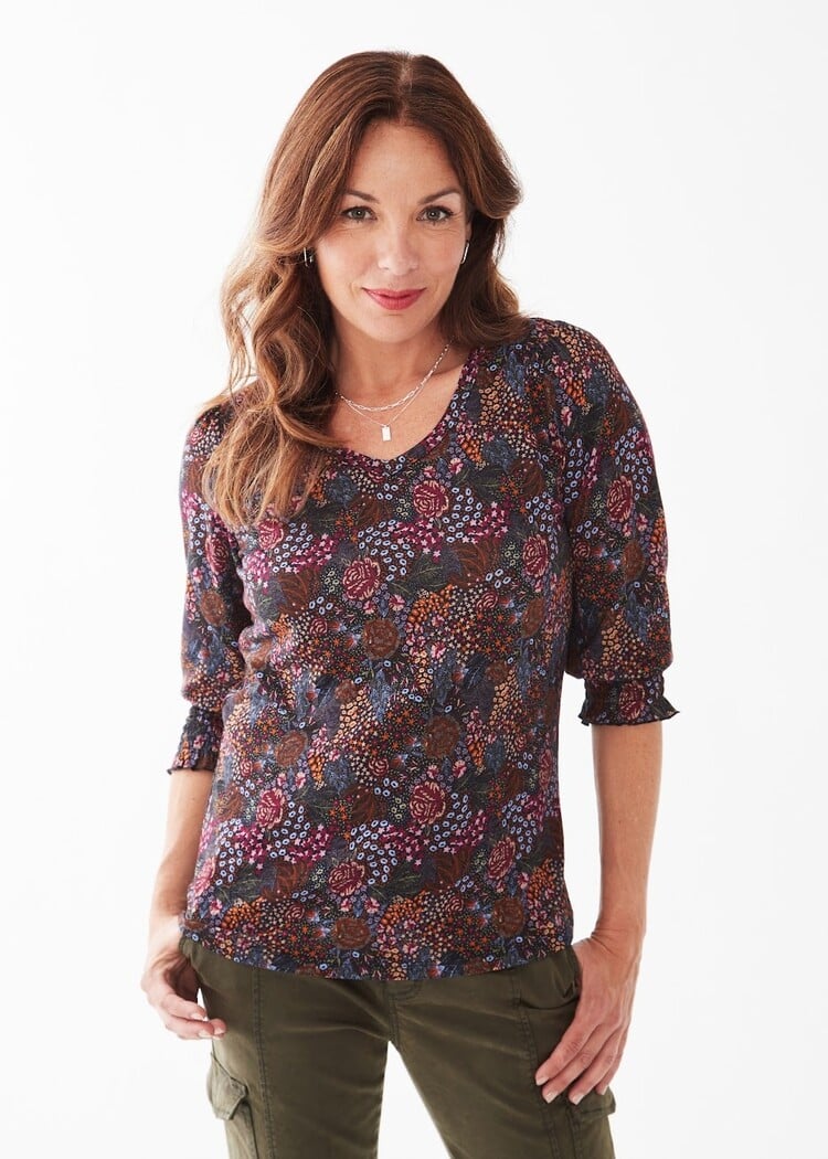 FDJ Floral Printed V-Neck Top with Smocked Cuff