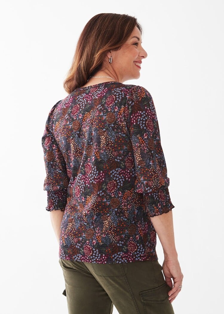 FDJ Floral Printed V-Neck Top with Smocked Cuff