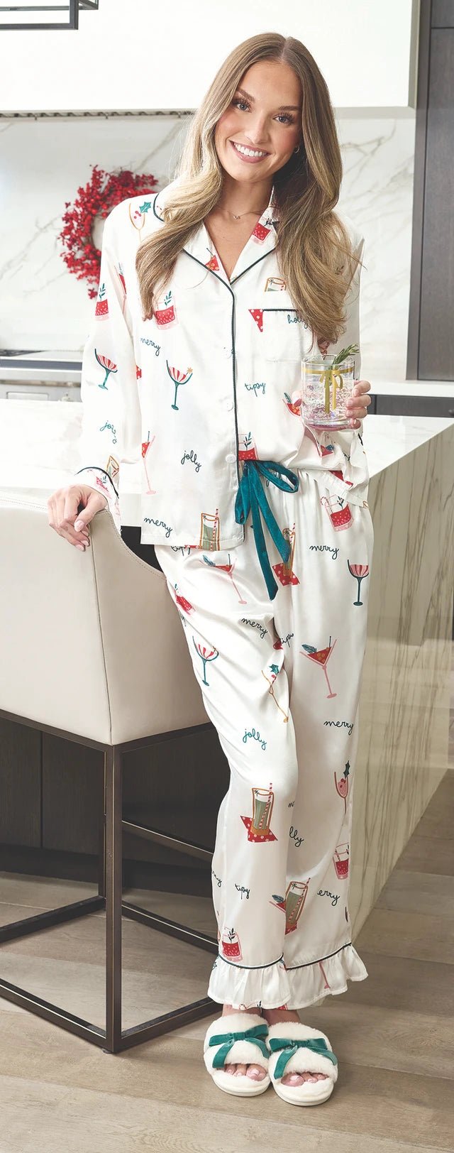 Full-Length Ruffle PJ Set with Velvet Tie | White + Holiday Drinks