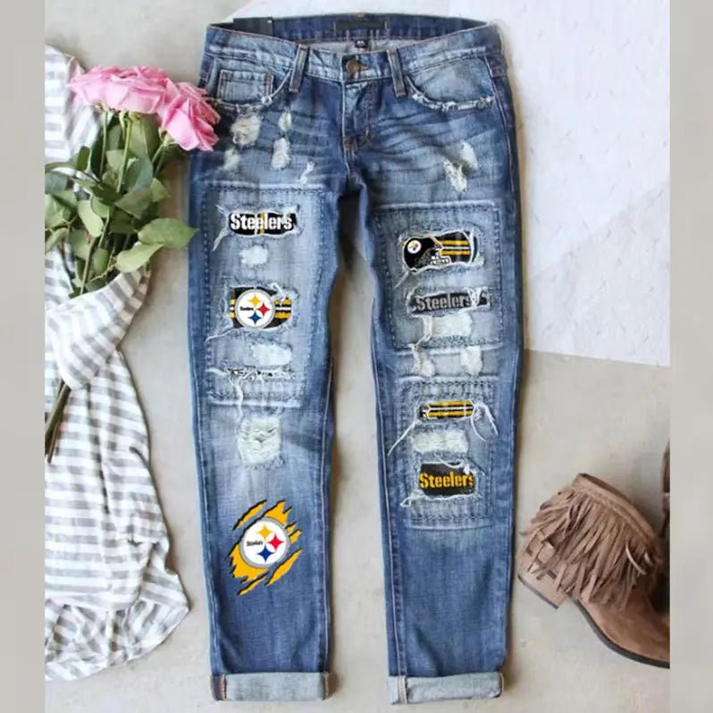 Game Day Distressed Patchwork Ripped Denim Jeans – Steelers - Inspired Fan Style - Juli's Wearable Art