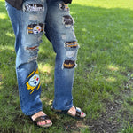 Game Day Distressed Patchwork Ripped Denim Jeans – Steelers-Inspired Fan Style - Juli's Wearable Art