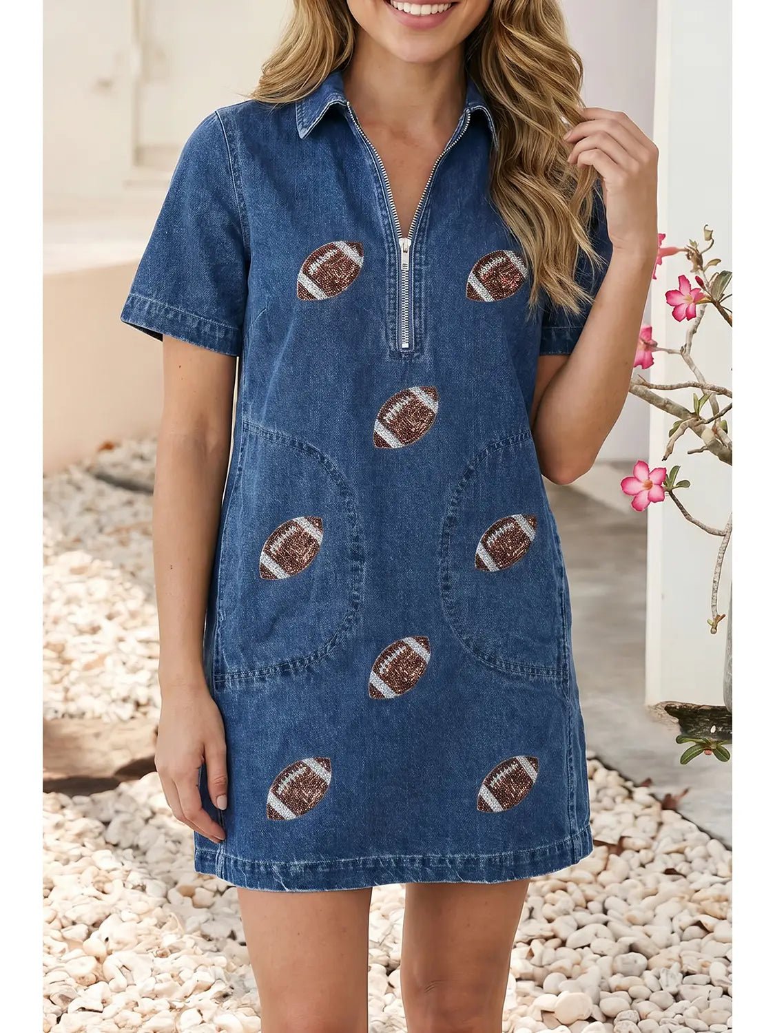 Game Day Football Sequin Quarter-Zip Dress