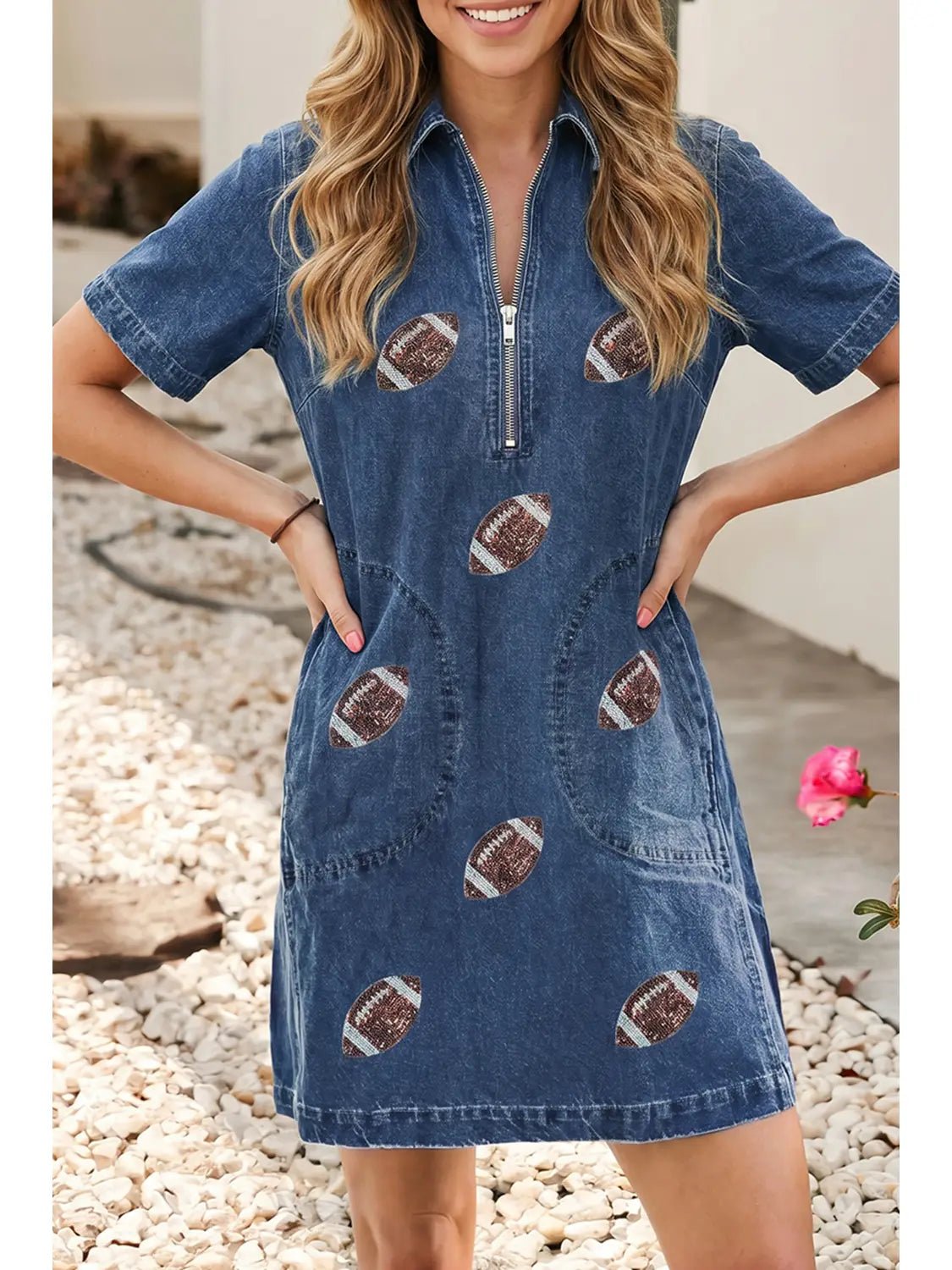Game Day Football Sequin Quarter-Zip Dress S