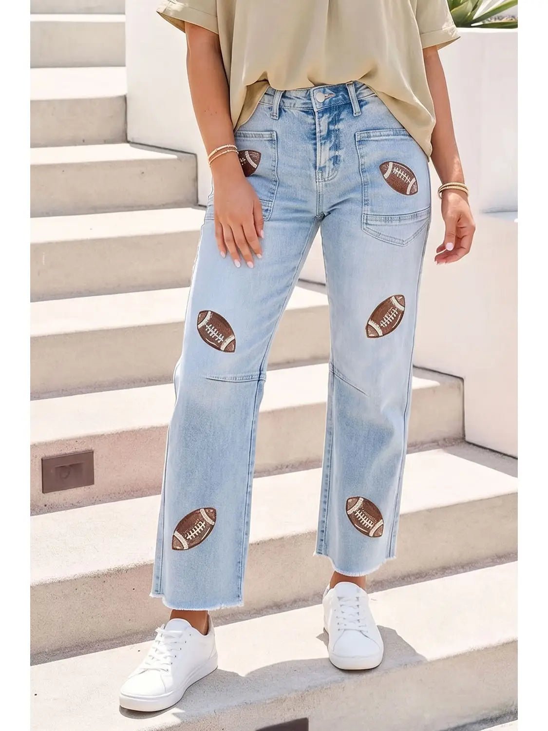 Game Day Sequin High Waist Patchwork Shift Jeans - Juli's Wearable Art