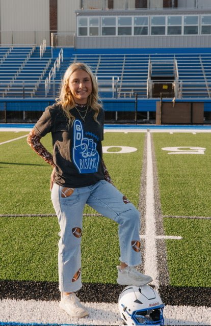 Game Day Sequin/Patchwork High Waist Shift Jeans - Juli's Wearable Art