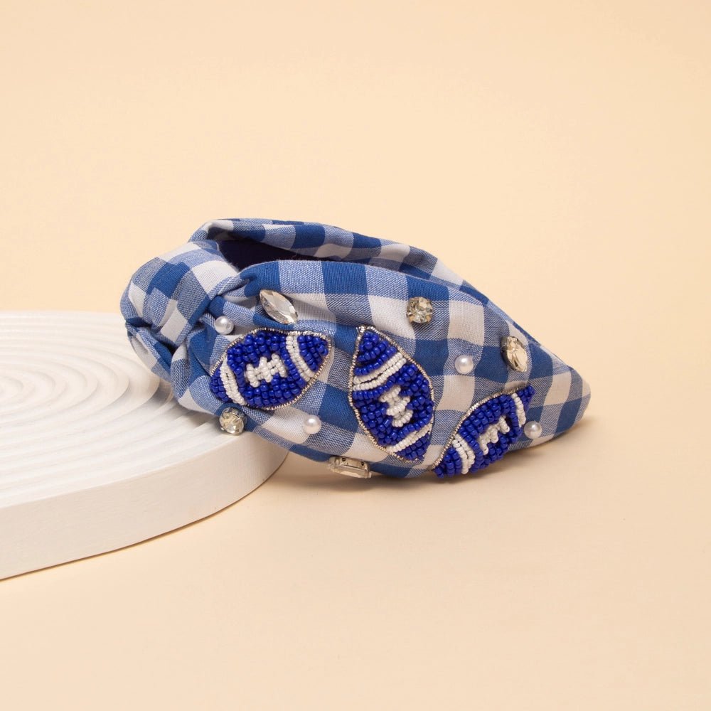 Gameday Football Top Knotted Gingham Style Headband | Blue - Juli's Wearable Art