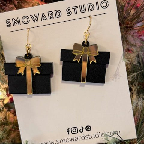 Gift Box Earrings with Mirrored Bow – Red, Pink, or Black - Juli's Wearable Art
