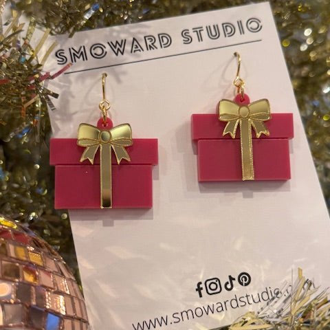 Gift Box Earrings with Mirrored Bow – Red, Pink, or Black - Juli's Wearable Art