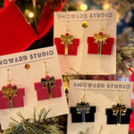 Gift Box Earrings with Mirrored Bow – Red, Pink, or Black - Juli's Wearable Art