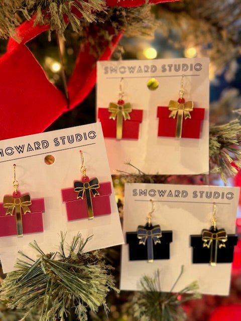 Gift Box Earrings with Mirrored Bow – Red, Pink, or Black - Juli's Wearable Art