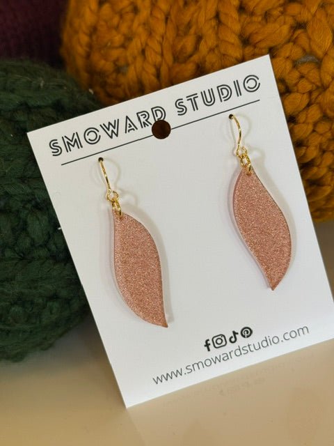 Glitter Leaf Drop Earrings | Rose Gold