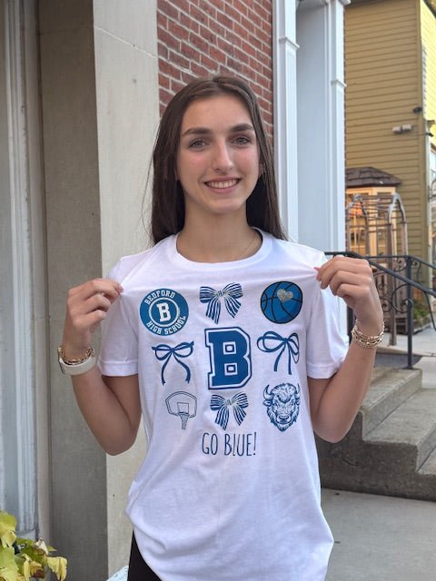 Go Blue! Bedford High School Basketball Cheer Ladies T-Shirt - Juli's Wearable Art