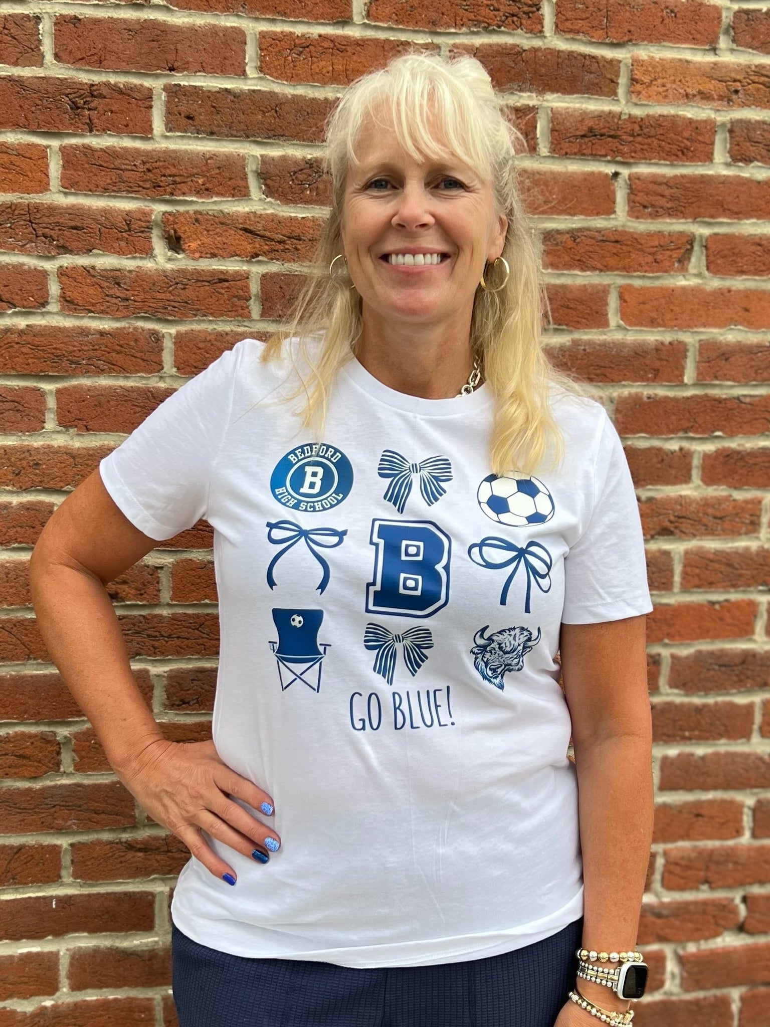Go Blue! Bedford High School Soccer Cheer Ladies T-Shirt - Juli's Wearable Art