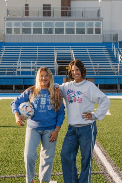 Go Blue! Bedford High School Soccer Cheer Sweatshirt - Juli's Wearable Art
