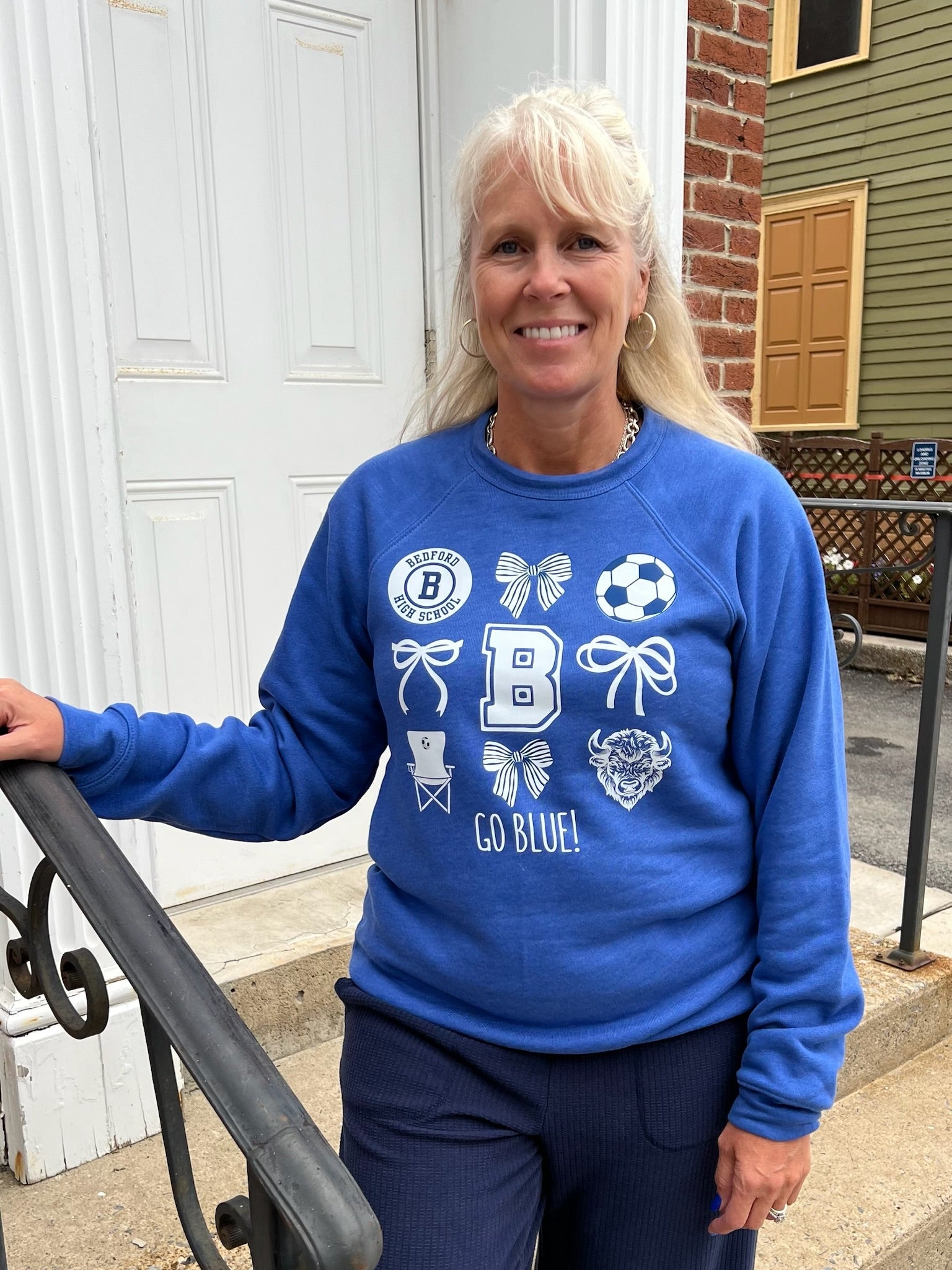Go Blue! Bedford High School Soccer Cheer Sweatshirt - Juli's Wearable Art